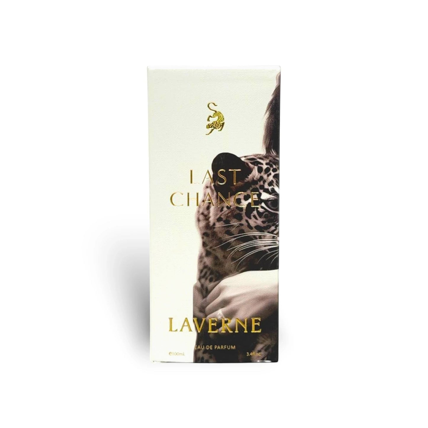 Laverne Last Chance Eau de Parfum 100ml bottle with leopard graphic and gold lettering. Unisex fragrance.