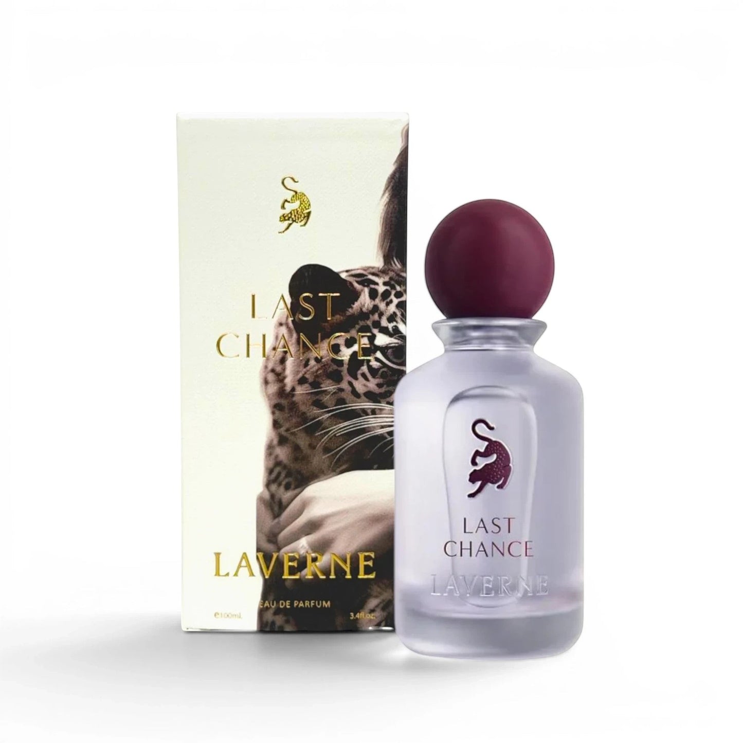 Soghaat Laverne Last Chance Eau de Parfum 100ml bottle with leopard print box. Fresh woody aromatic scent.