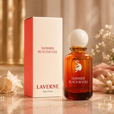 Laverne Summer Beach & You 100ml Eau de Parfum bottle and box, amber glass with white cap, citrus and vanilla notes.