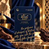 Soghaat Le Falconé Risala Autograph unisex Eau de Parfum bottle in a dark blue box with gold calligraphy and accents.