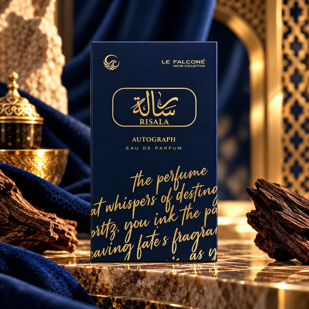 Soghaat Le Falconé Risala Autograph unisex Eau de Parfum bottle in a dark blue box with gold calligraphy and accents.