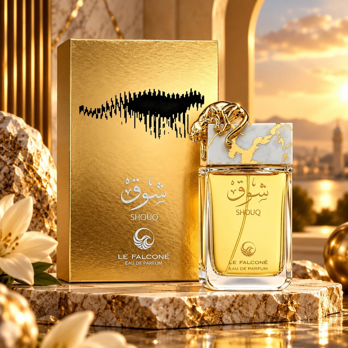 Soghaat Le Falcone Shouq Eau de Parfum bottle and gold box on a marble pedestal with a sunset background.