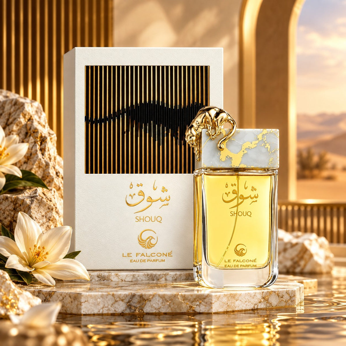Soghaat Le Falcone Shouq Eau de Parfum bottle with gold leopard cap and white box, set on marble in a desert scene.