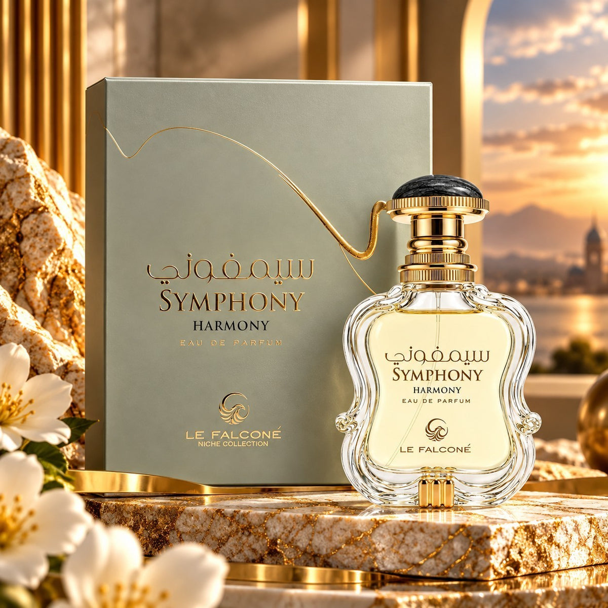 Soghaat Le Falcone Symphony Harmony 100ml unisex Eau de Parfum bottle and green box with floral accents at sunset.