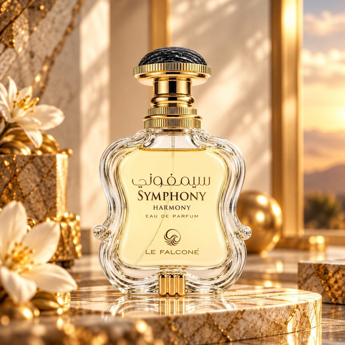 Soghaat Le Falcone Symphony Harmony 100ml unisex Eau de Parfum in a decorative glass bottle with gold accents.