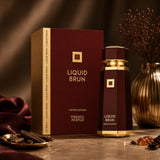 Soghaat French Avenue Liquid Brun Limited Edition 150ml Eau de Parfum bottle and box in a warm, elegant setting.