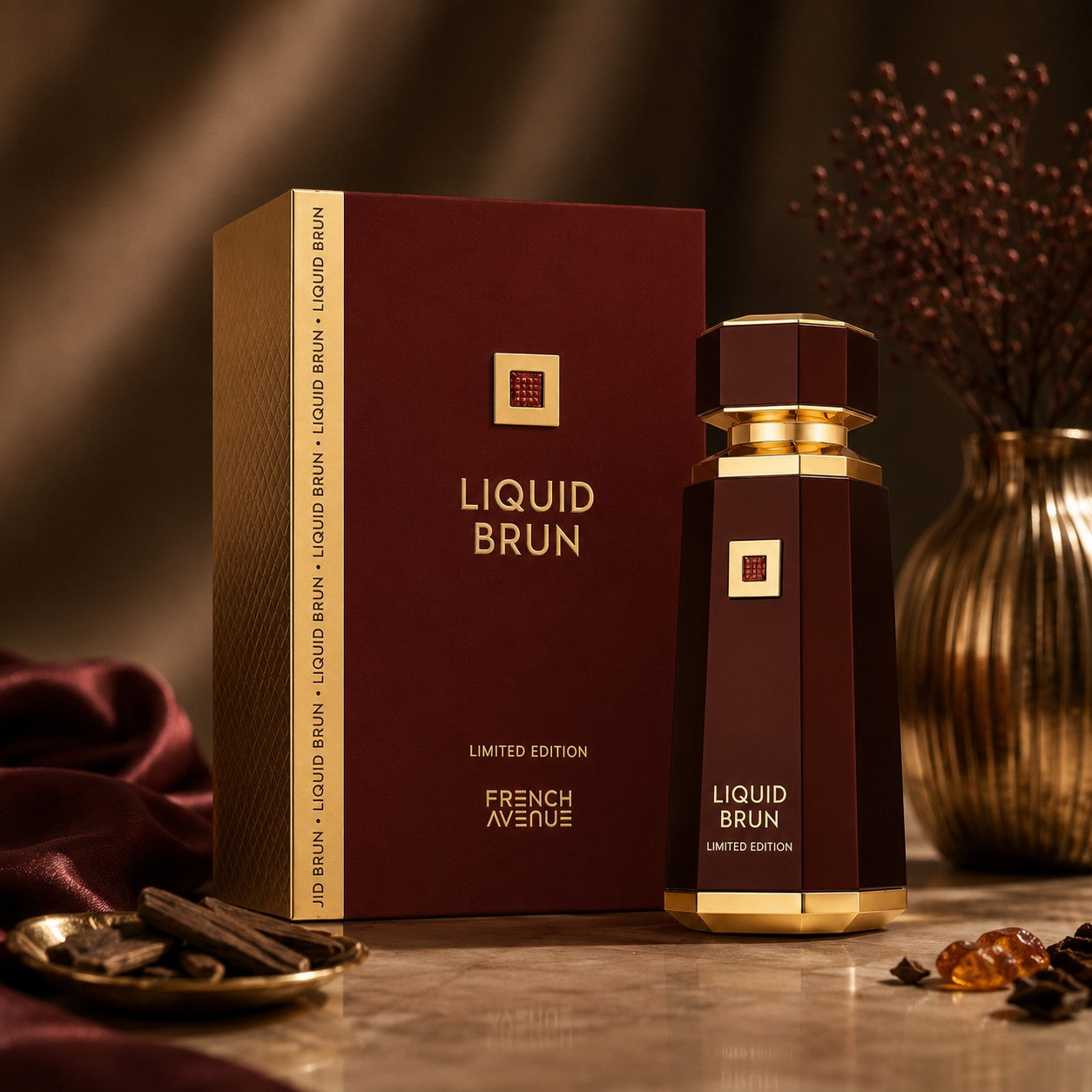 Soghaat French Avenue Liquid Brun Limited Edition 150ml Eau de Parfum bottle and box in a warm, elegant setting.