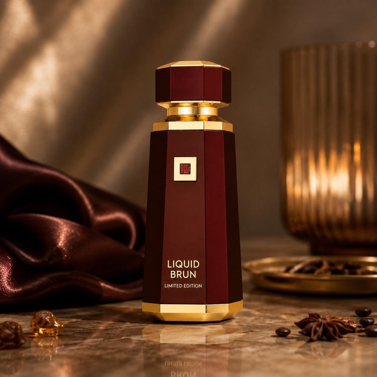 Soghaat Liquid Brun Limited Edition Eau de Parfum in a deep burgundy octagonal bottle with gold accents.