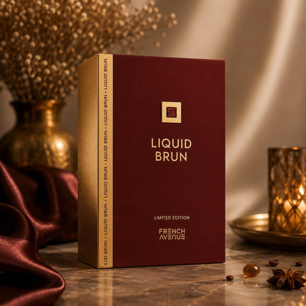 Soghaat French Avenue Liquid Brun Limited Edition perfume box in deep burgundy with gold accents on a marble surface.