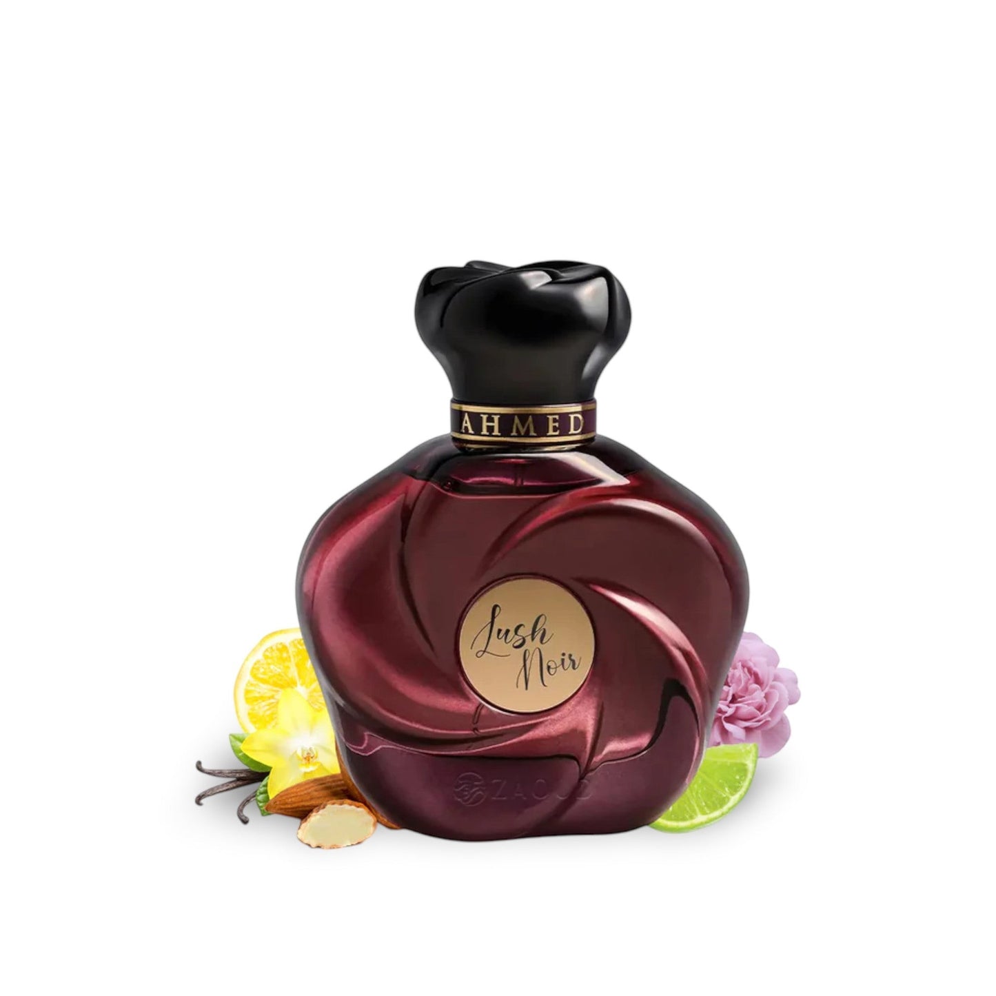 Soghaat Lush Noir 75ml Eau de Parfum bottle in deep red with swirling design. Notes of almond, bergamot, peony, oud, and sandalwood.
