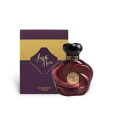 Soghaat Lush Noir 75ml Eau de Parfum bottle and box, deep red glass with gold accents, unisex woody floral fragrance.