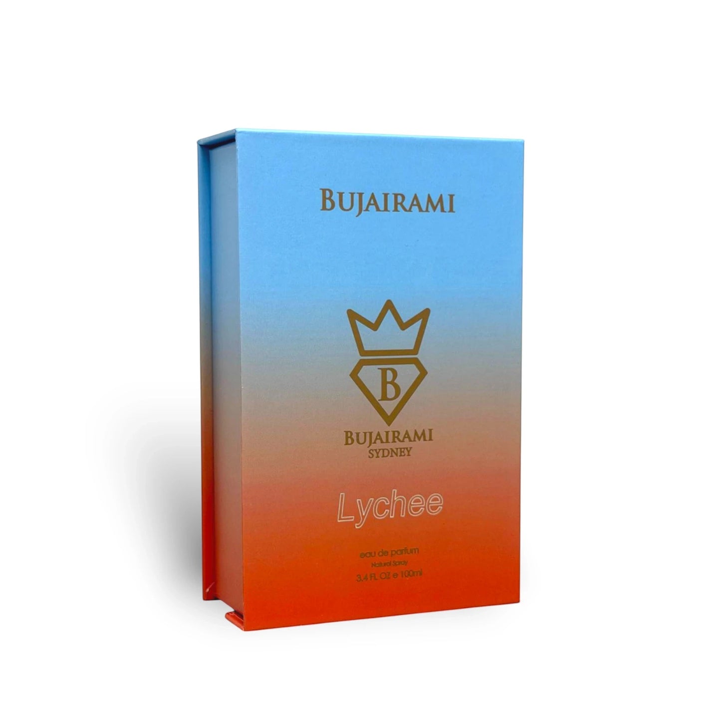Soghaat Lychee Eau de Parfum for women, 100ml bottle with a blue to orange gradient box, featuring gold lettering and logo.