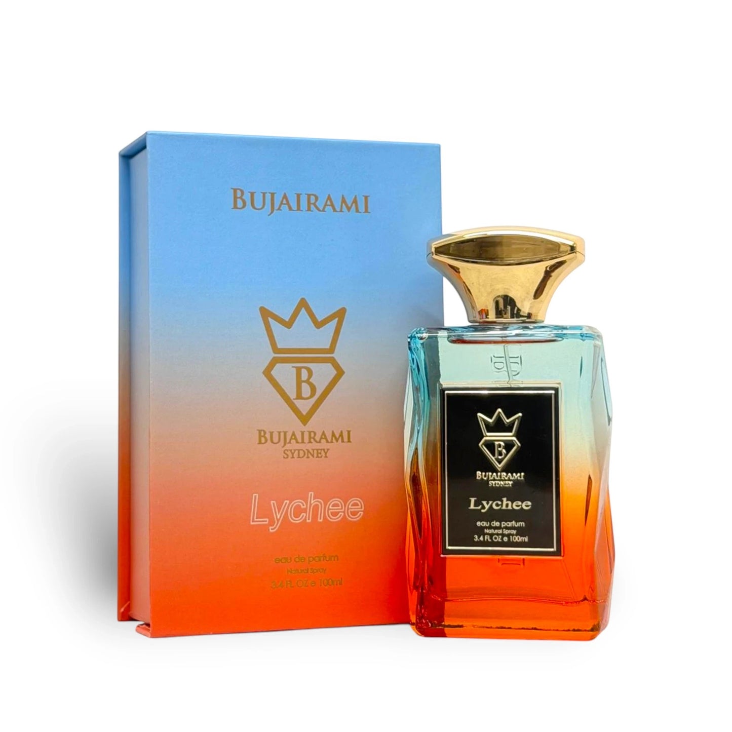 Bujairami Lychee Eau de Parfum 100ml bottle with gradient blue to orange box. Fresh woody aromatic.