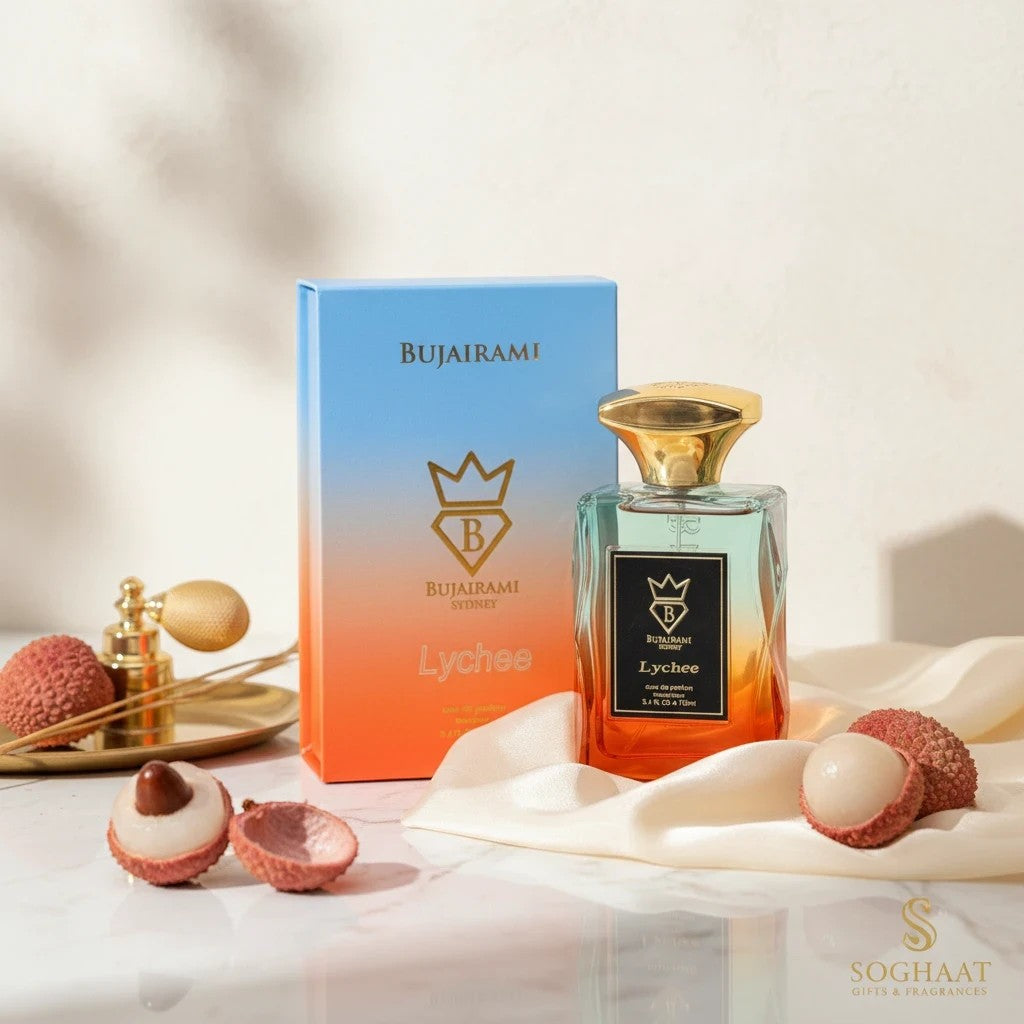 Soghaat Lychee Eau de Parfum by Bujairami, a fresh woody aromatic fragrance for women with notes of lychee, violet, and vanilla.