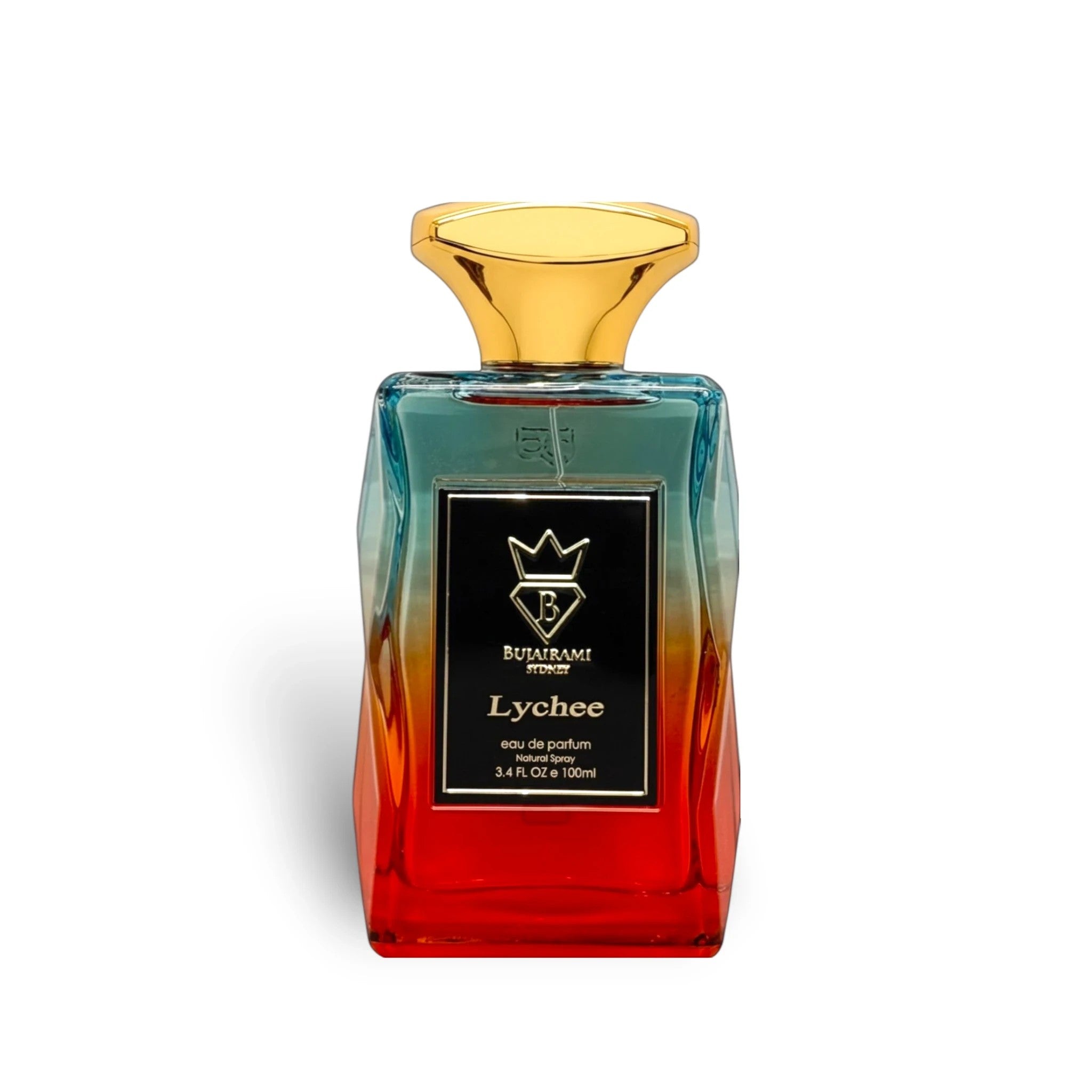 Soghaat Lychee Eau de Parfum for women, a fresh woody aromatic fragrance in a gradient glass bottle with a gold cap.