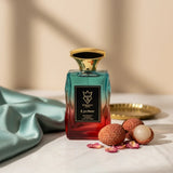 Soghaat Lychee Eau de Parfum for women, a fresh woody aromatic fragrance in a gradient bottle with gold accents.