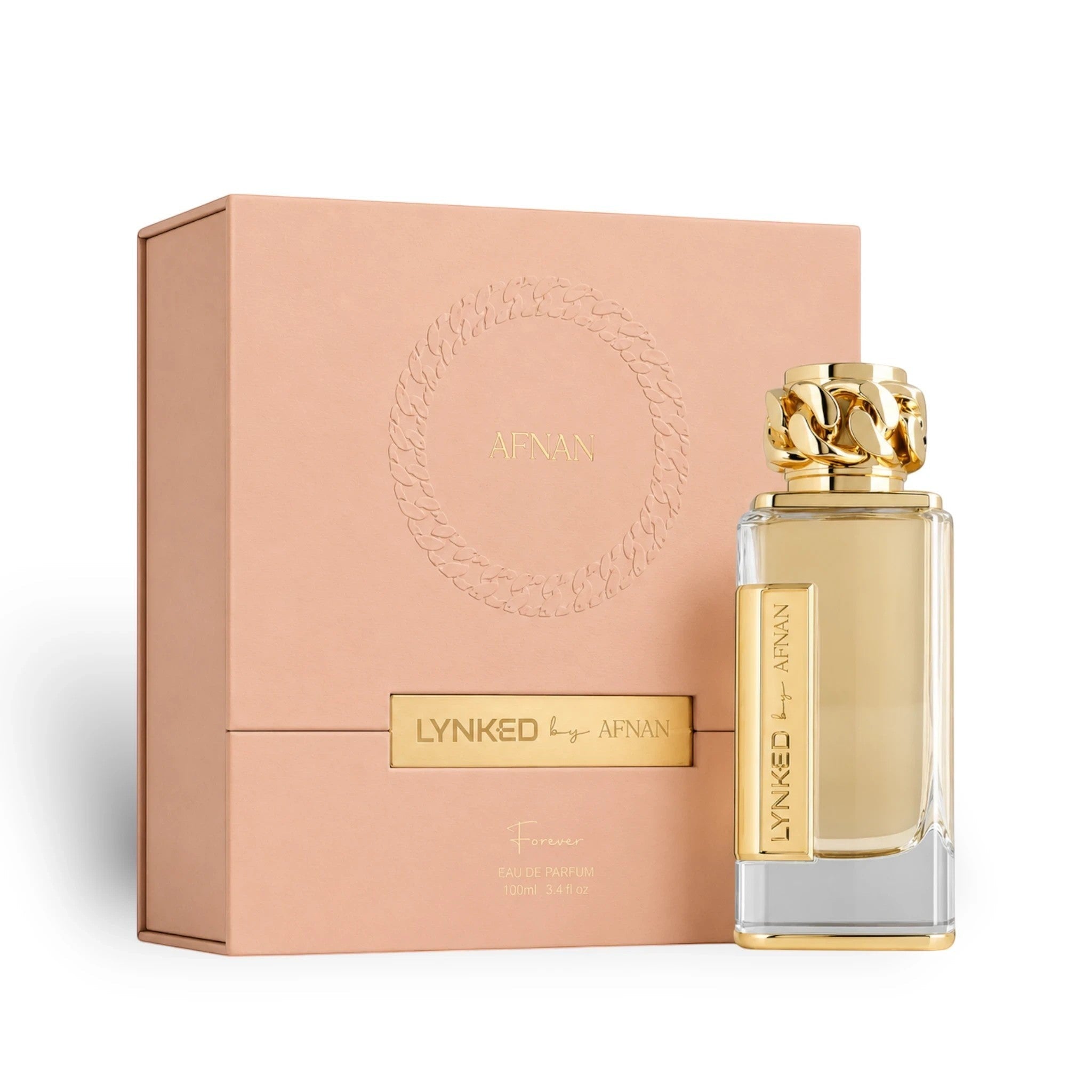 Soghaat Lynked Forever Eau de Parfum for women, 100ml. Features a gold chain-link cap and a peach box.