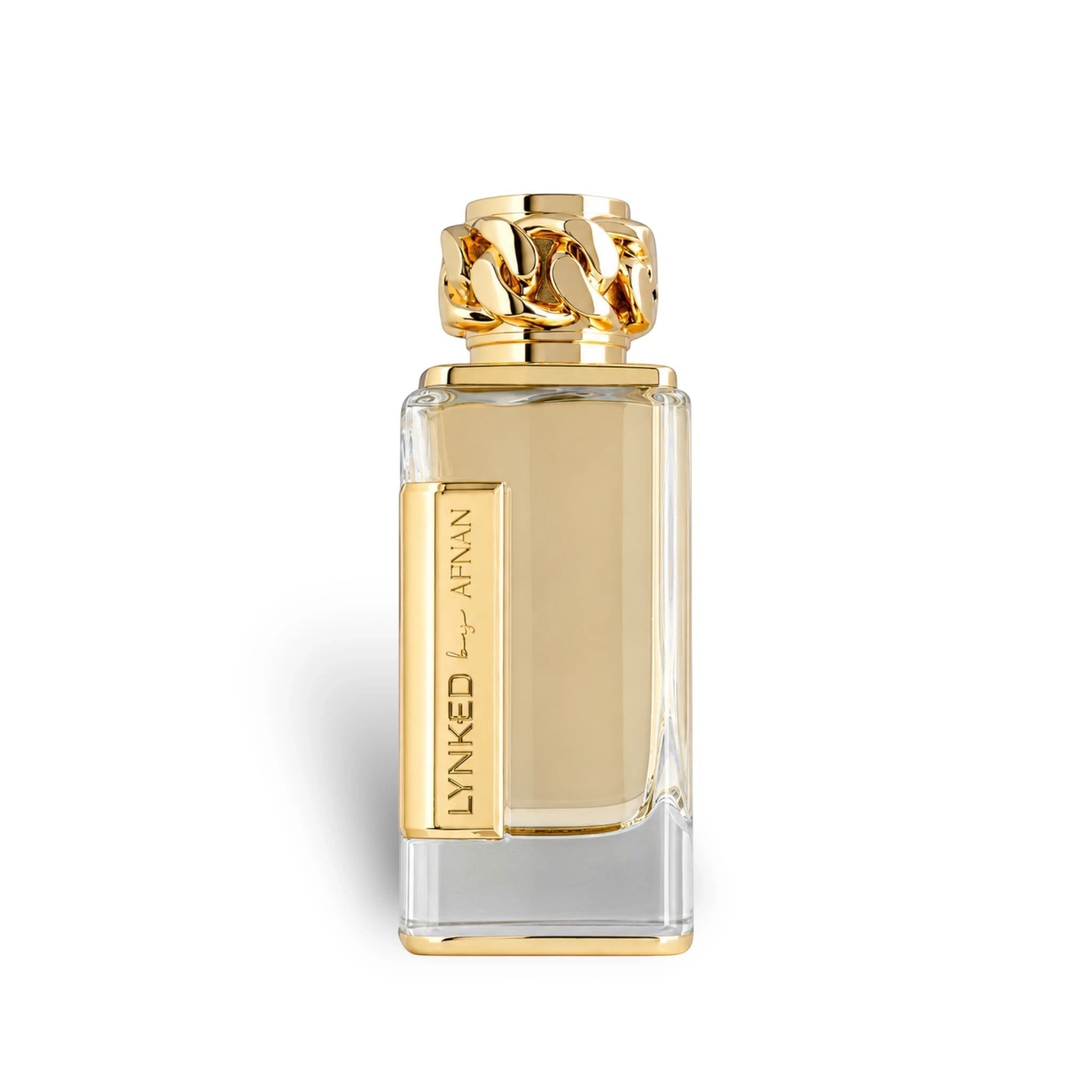 Soghaat Lynked Forever Eau de Parfum for women, a fresh woody aromatic fragrance with a gold chain-link cap.