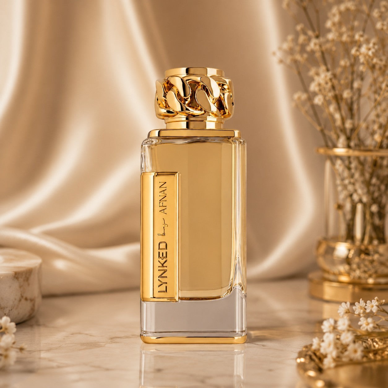 Soghaat Lynked Forever Eau de Parfum for women, a fresh woody aromatic fragrance with a gold chain-link cap.