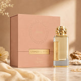 Soghaat Lynked Forever Eau de Parfum by Afnan, 100ml. Gold bottle with chain-link cap next to a peach box.