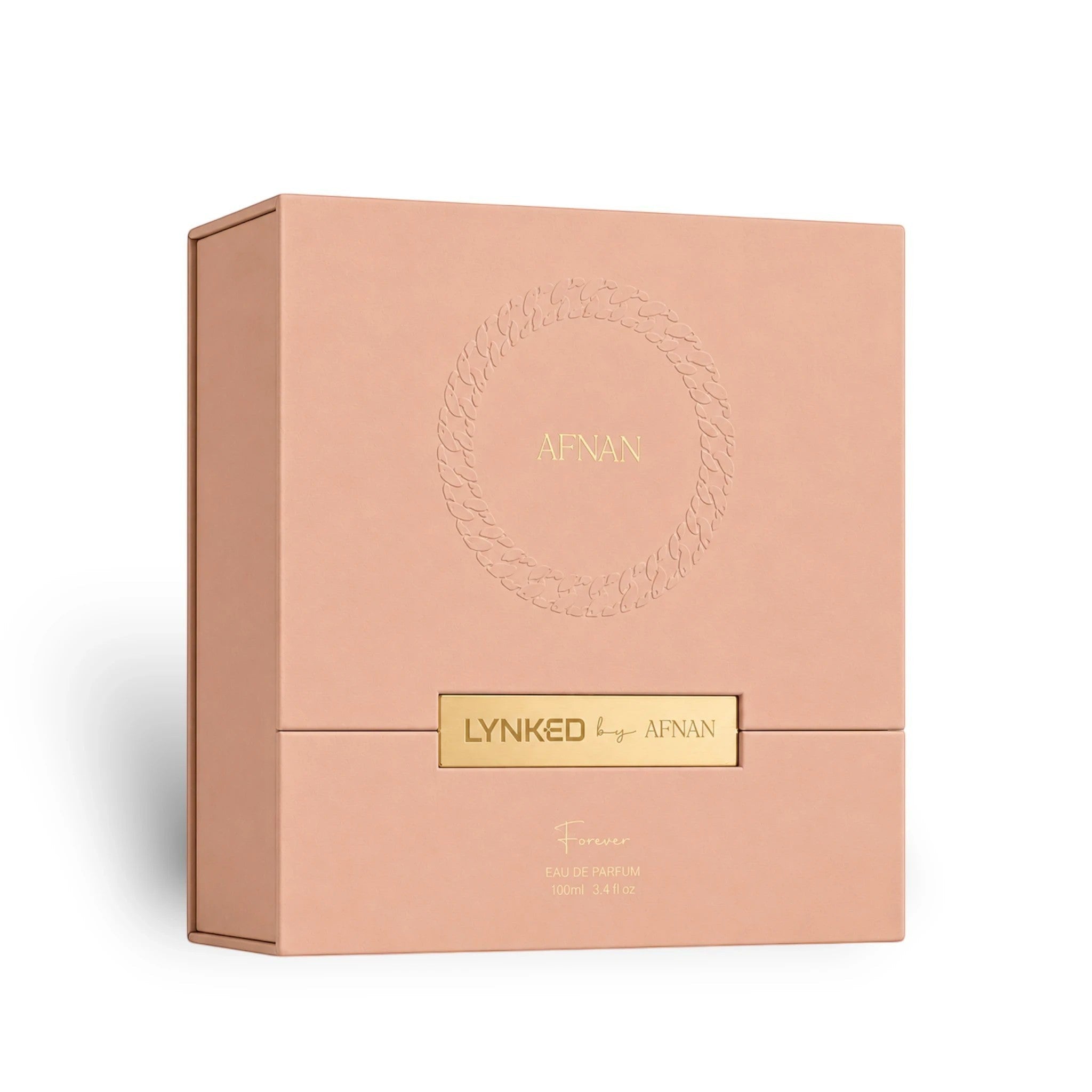 Soghaat Lynked Forever Eau de Parfum 100ml box, peach with gold accents, fresh woody aromatic fragrance for women.