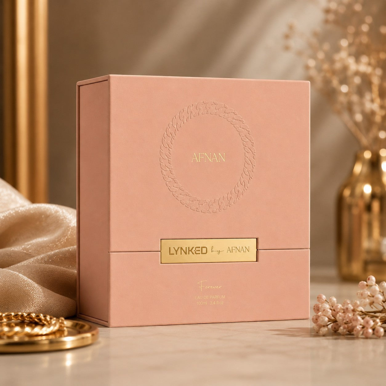 Soghaat Lynked Forever Eau de Parfum by Afnan, a fresh woody aromatic fragrance for women in a peach box.