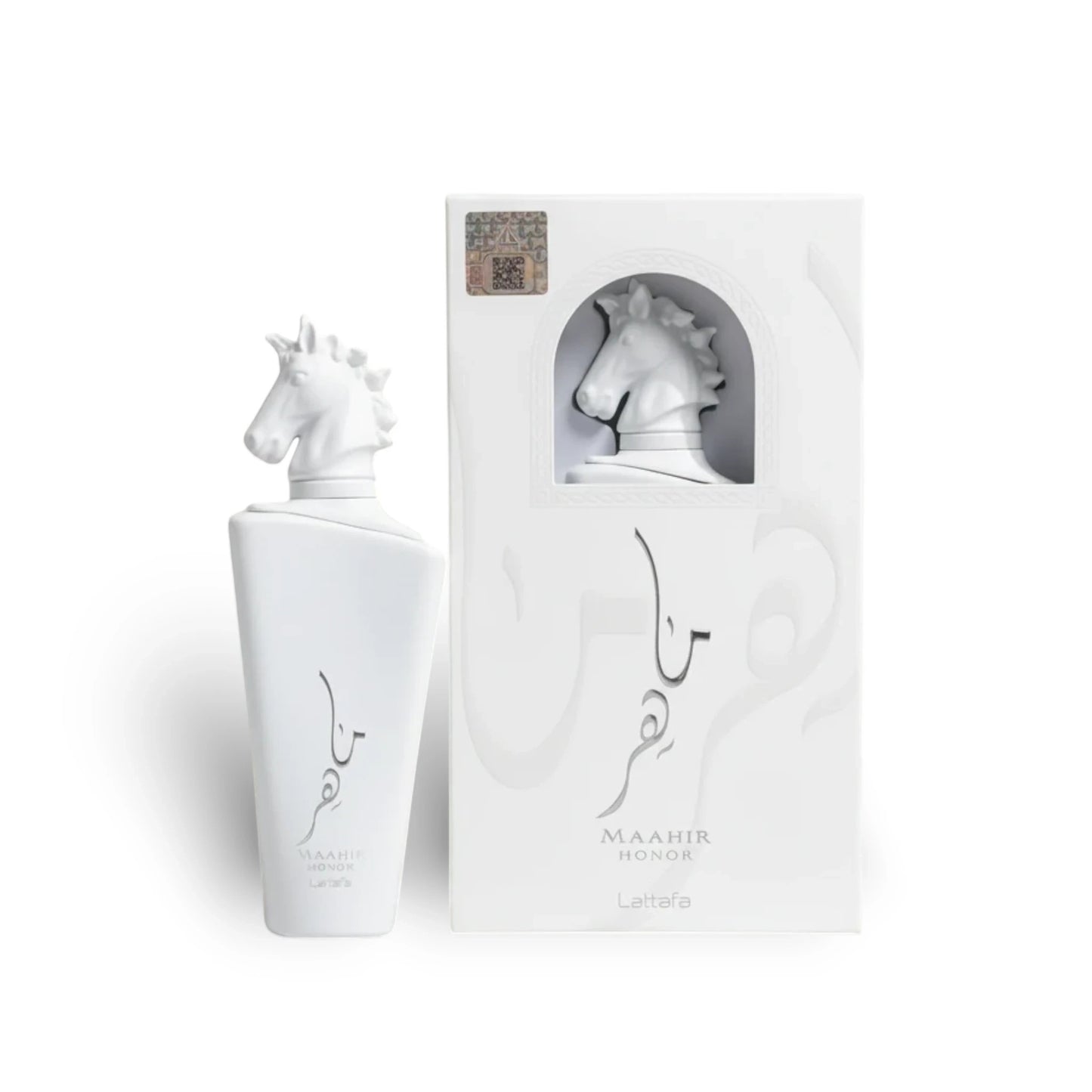 Soghaat Maahir Honor 100ml Eau de Parfum bottle with horse head cap and matching box. Fresh floral musk fragrance.