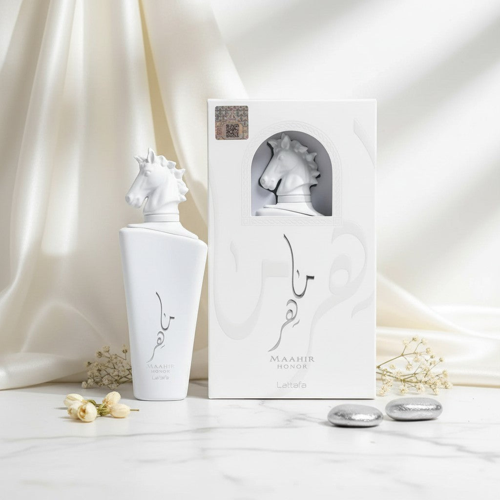 Soghaat Maahir Honor 100ml Eau de Parfum for unisex, white bottle with horse head cap, fresh floral musk scent.