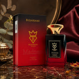 Bujairami Madness Eau de Parfum 100ml bottle and box, featuring a gradient red and black design with gold accents.