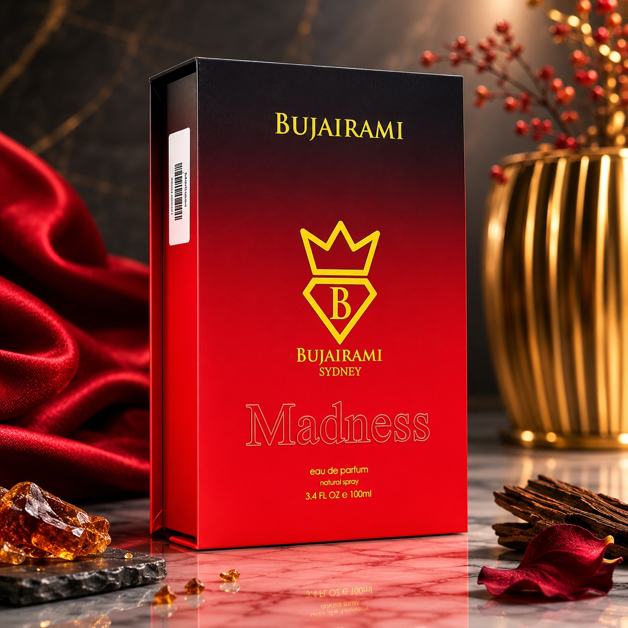 Soghaat Madness Eau de Parfum 100ml by Bujairami, a unisex fragrance with raspberry, saffron, rose, incense, oud, and amber notes.