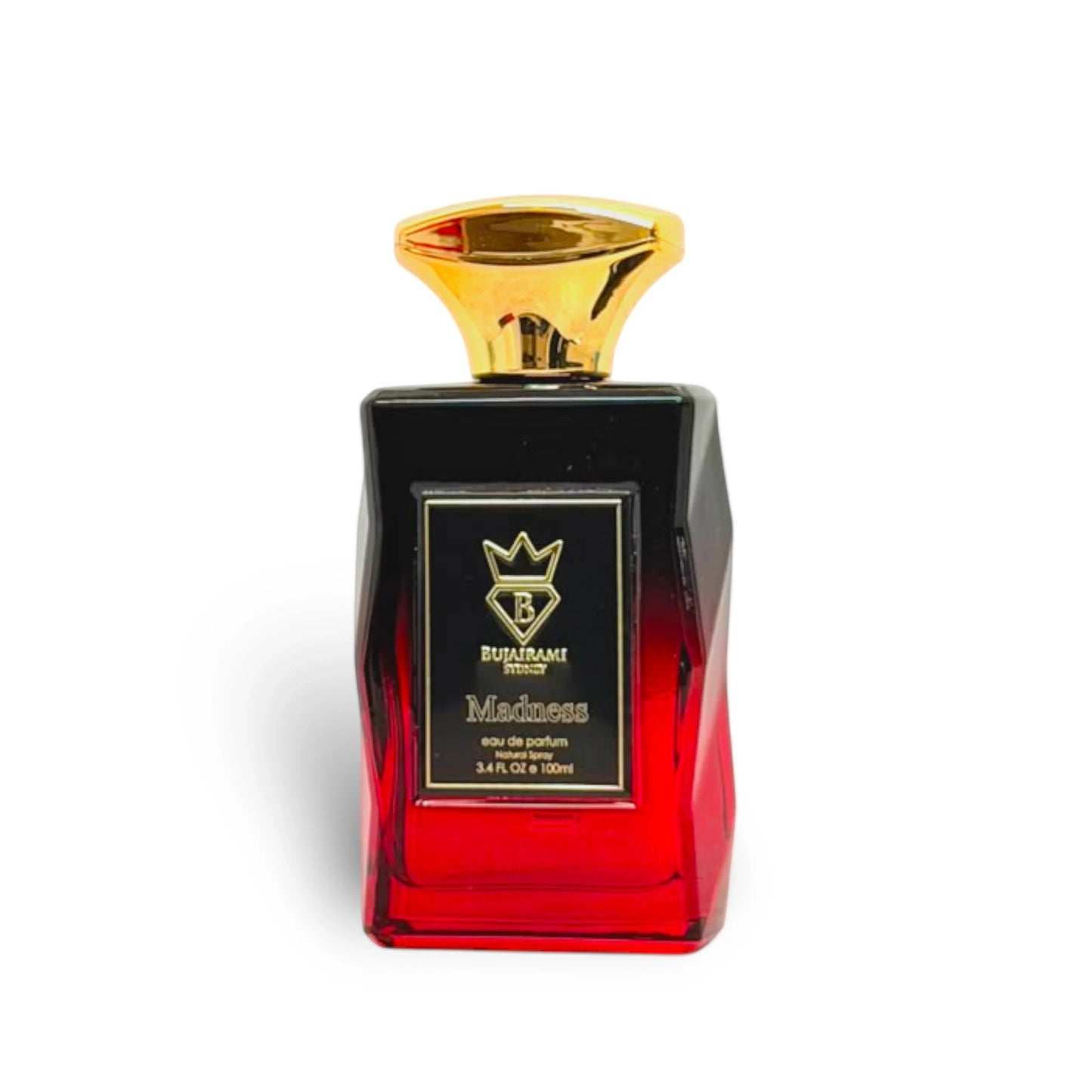 Soghaat Madness 100ml Eau de Parfum bottle with a red to black gradient glass and a gold cap. Features a black label with gold text.