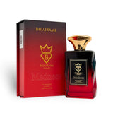 Soghaat Madness Eau de Parfum by Bujairami, a unisex fragrance with raspberry, saffron, rose, incense, oud, and amber notes in a red and black bottle.