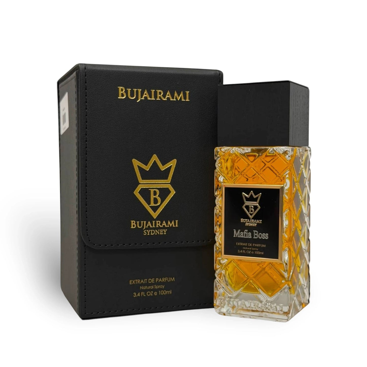 Soghaat Bujairami Mafia Boss Extrait de Parfum 100ml bottle with textured glass and black leather presentation box