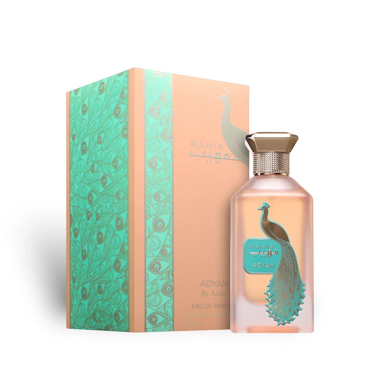Soghaat Mahib Adyan Eau de Parfum by Anfar, a 100ml women's floral-fruity fragrance in a peach bottle with peacock design.