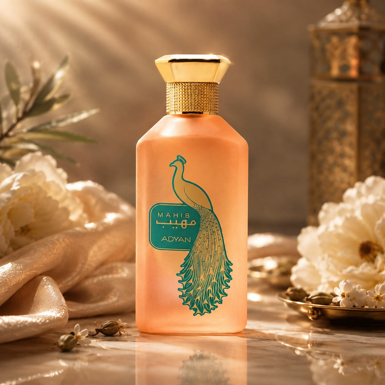 Soghaat Mahib Adyan Eau de Parfum bottle with a peacock design, featuring floral and fruity notes in a glass flacon.
