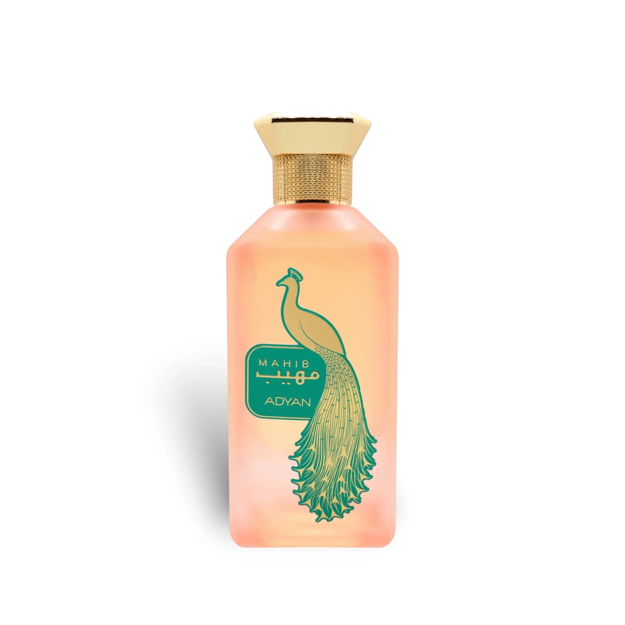 Soghaat Mahib Adyan Eau de Parfum for women in a frosted peach bottle with a green peacock illustration and gold cap.
