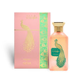 Soghaat Mahib Adyan Eau de Parfum by Anfar in a pink bottle and box featuring an elegant gold peacock design.