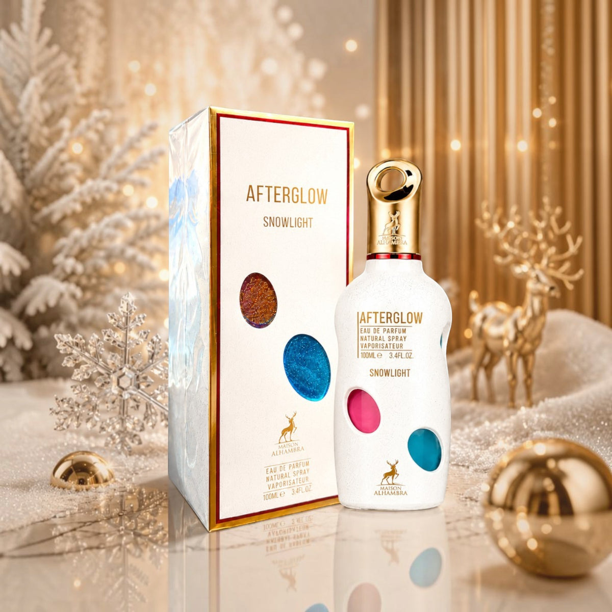 Soghaat Maison Alhambra Afterglow Snowlight 100ml Eau de Parfum bottle and box in a festive winter setting.