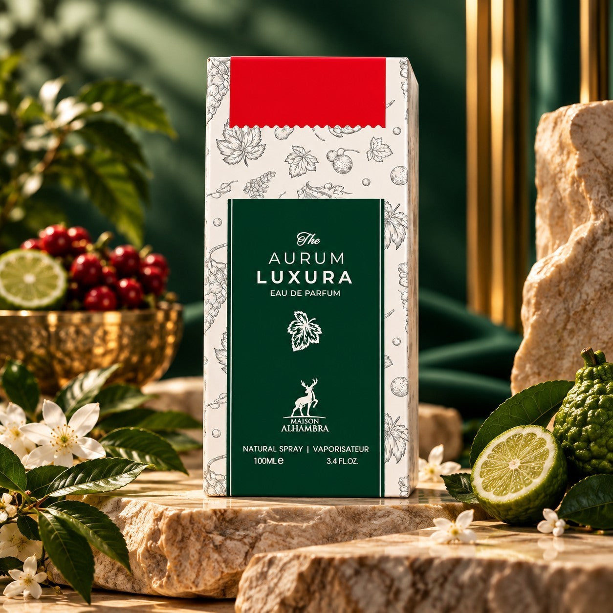 Soghaat Maison Alhambra The Aurum Luxura 100ml Eau de Parfum box displayed on stone with fresh bergamot and floral accents
