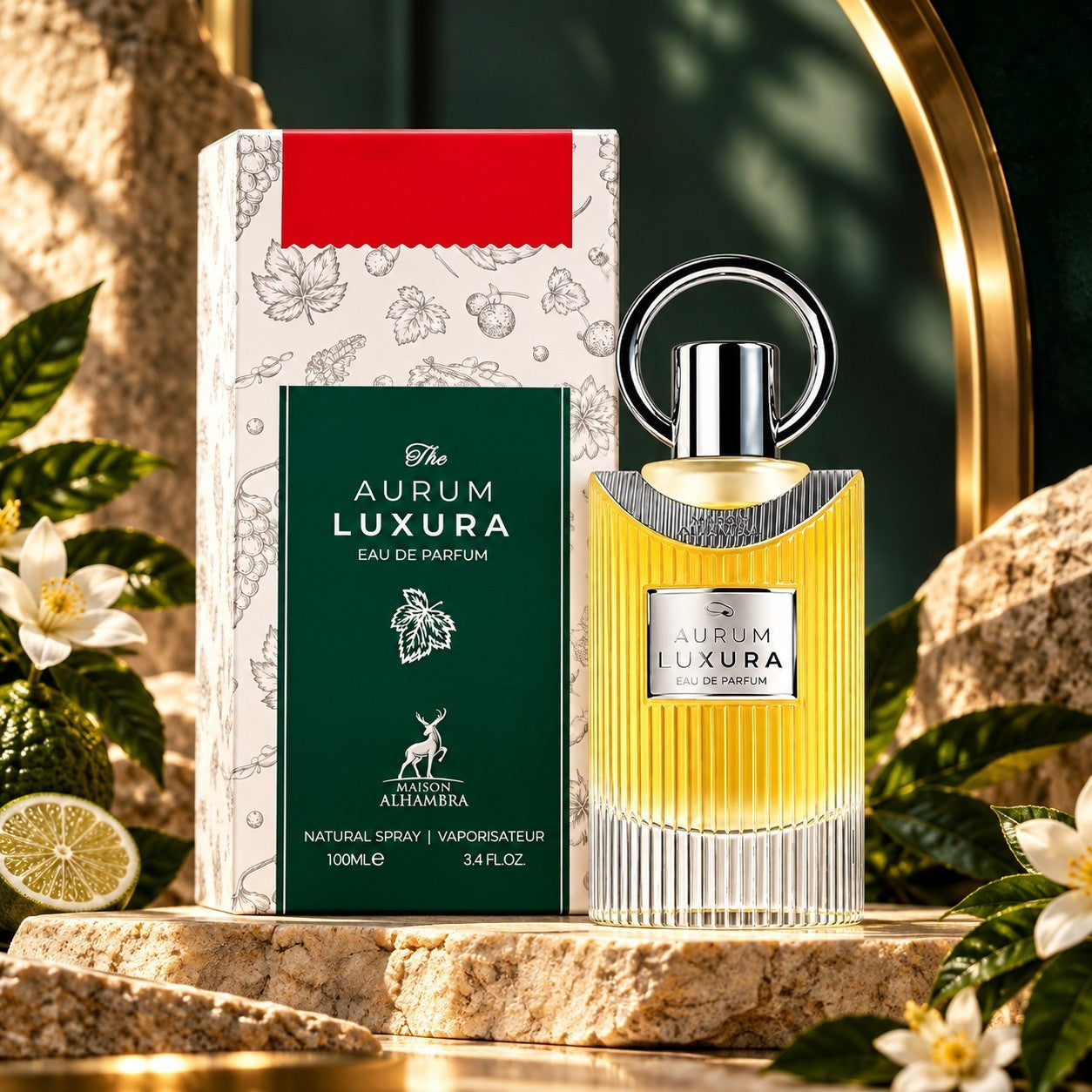 Soghaat Maison Alhambra The Aurum Luxura 100ml Eau de Parfum bottle and box on a stone surface with citrus leaves.