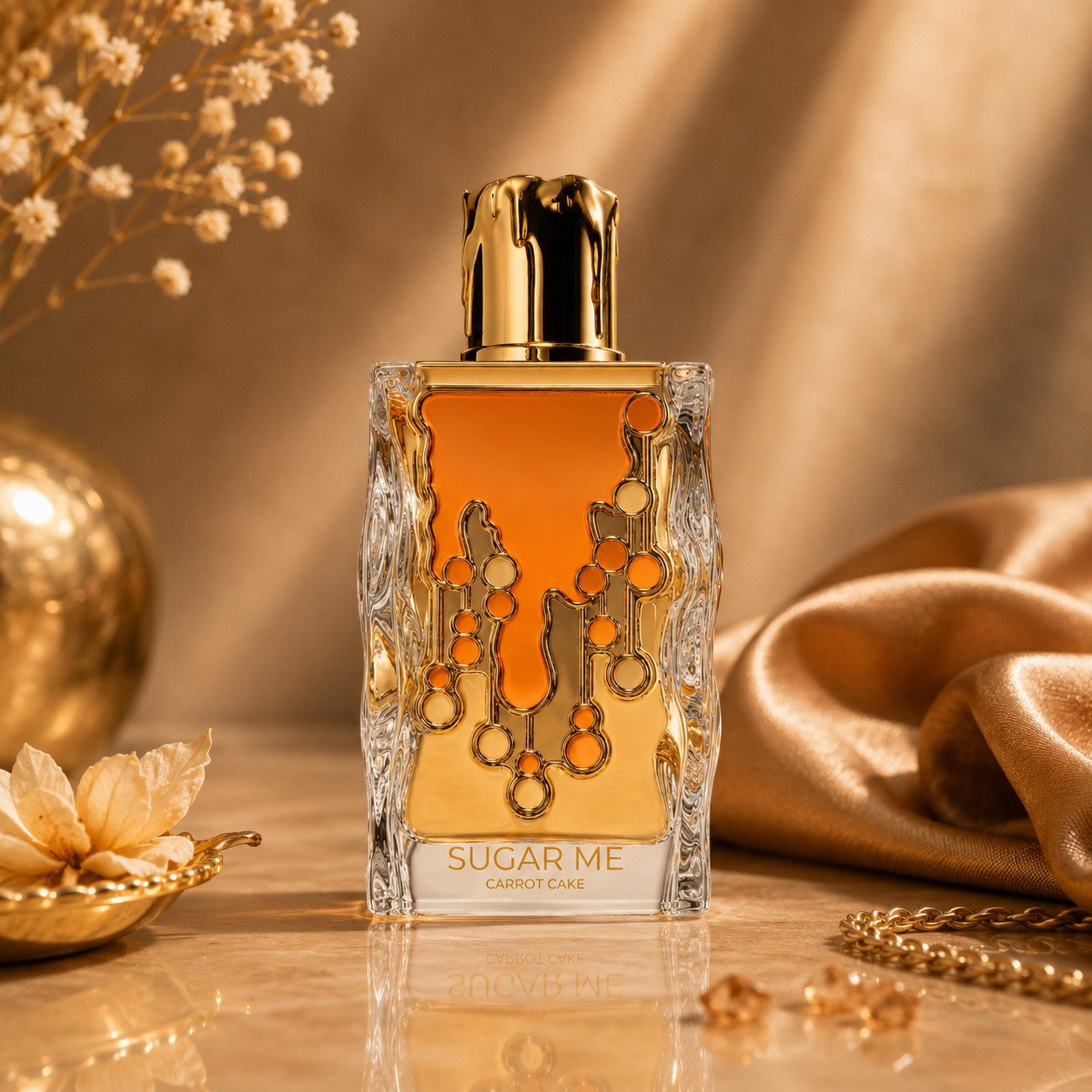 Soghaat Maison Alhambra Sugar Me Carrot Cake Eau de Parfum in a textured glass bottle with a gold dripping cap.