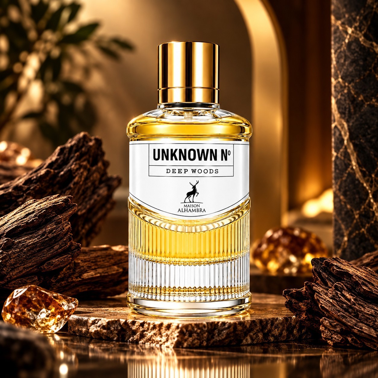 Soghaat Maison Alhambra Unknown N° Deep Woods Eau de Parfum in a glass bottle surrounded by wood and amber stones.