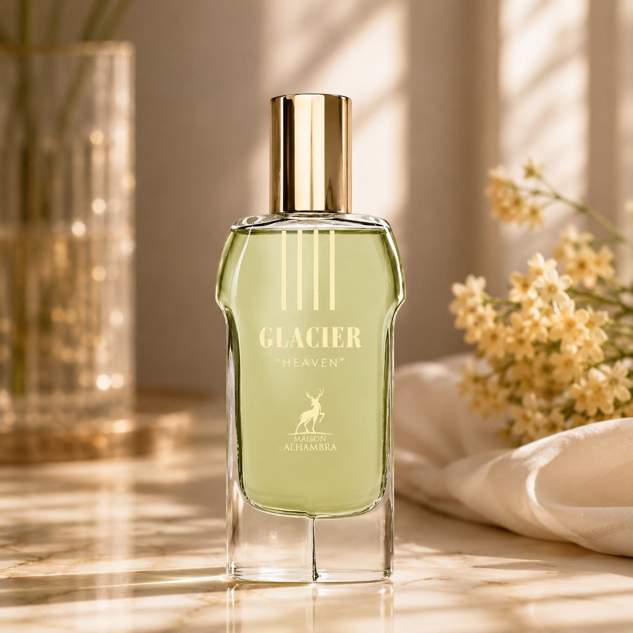 Soghaat Maison Alhambra Glacier Heaven unisex Eau de Parfum in a sleek glass bottle with light green fragrance liquid.