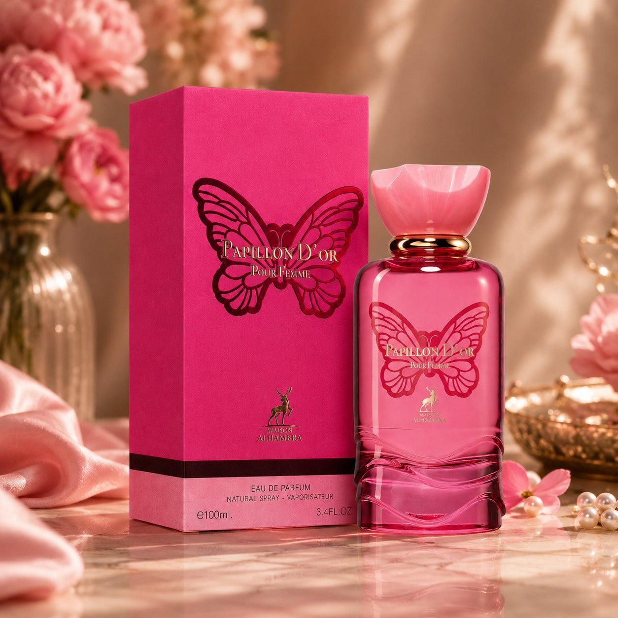 Soghaat Maison Alhambra Papillon D'Or 100ml Eau de Parfum in a vibrant pink bottle and matching box with butterfly motif.