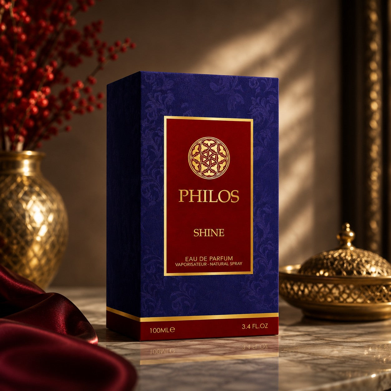 Soghaat Maison Alhambra Philos Shine 100ml Eau de Parfum box in elegant blue and red packaging on a marble surface.
