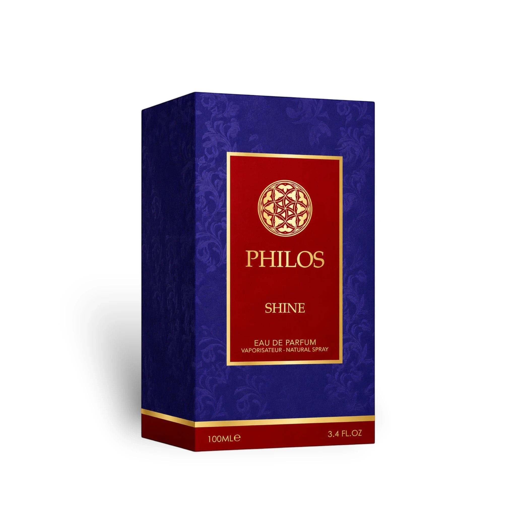 Soghaat Maison Alhambra Philos Shine Eau de Parfum 100ml bottle in a blue and red ornate box.