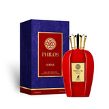 Soghaat Maison Alhambra Philos Shine 100ml Eau de Parfum in a red bottle with gold crown cap and matching gift box.