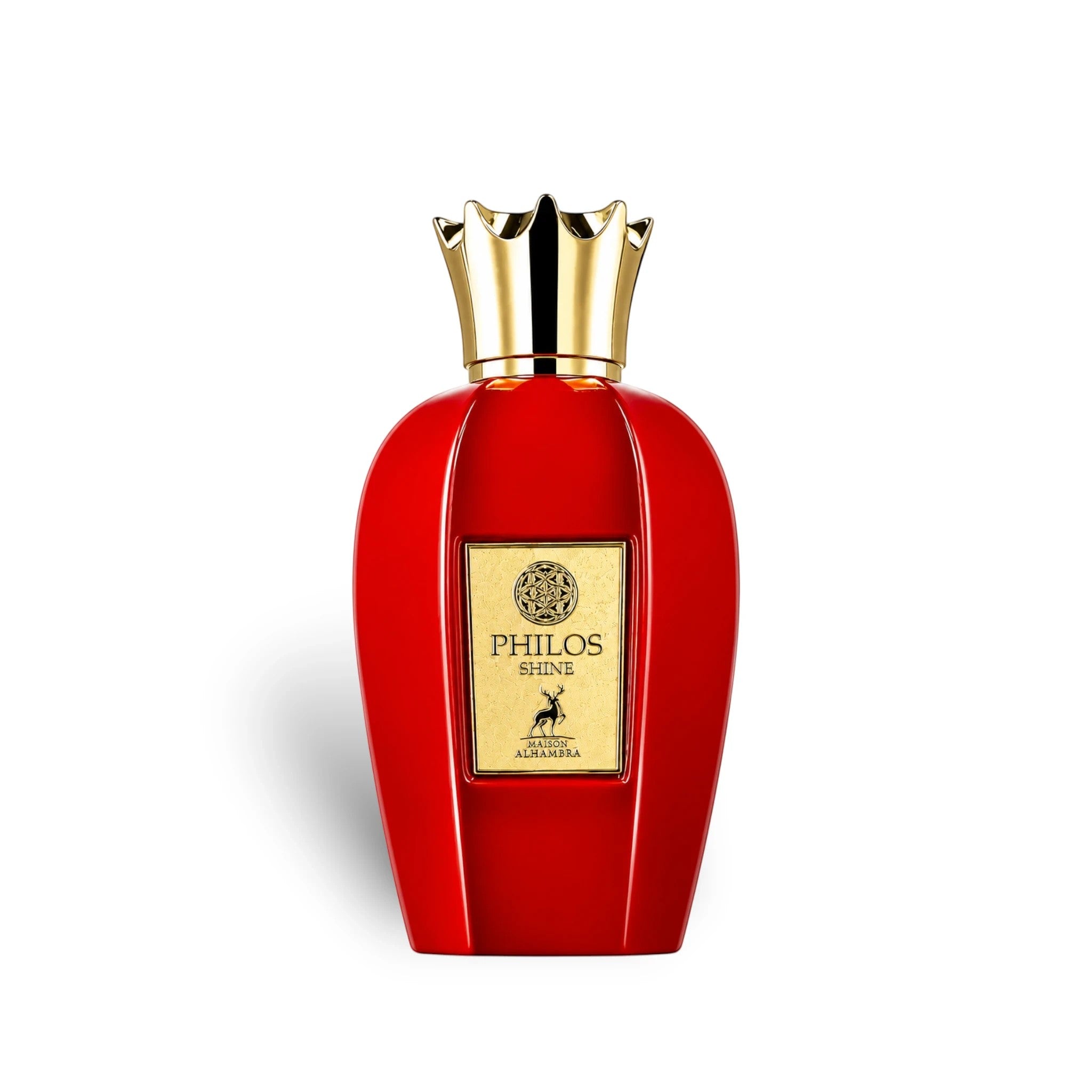 Soghaat Maison Alhambra Philos Shine Eau de Parfum in a vibrant red bottle with a gold crown cap.