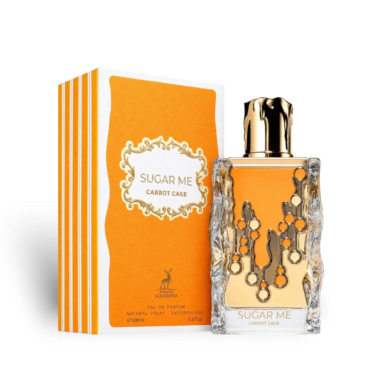 Soghaat Maison Alhambra Sugar Me Carrot Cake Eau de Parfum bottle and orange striped box on a white background.