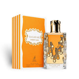 Soghaat Maison Alhambra Sugar Me Carrot Cake Eau de Parfum bottle and orange striped box on a white background.